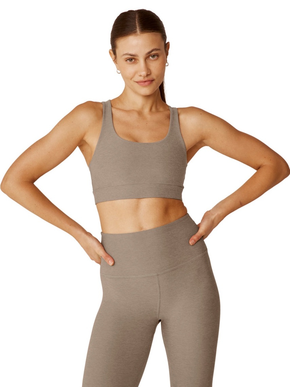 Beyond Yoga Spacedye in a Twist Sports Bra Taupe Tan Yoga Pilates